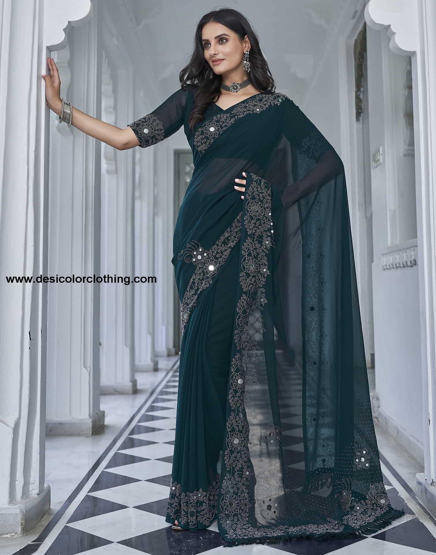 Blue Swarovski Georgette Stone Work Saree
