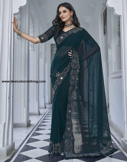 Blue Swarovski Georgette Stone Work Saree