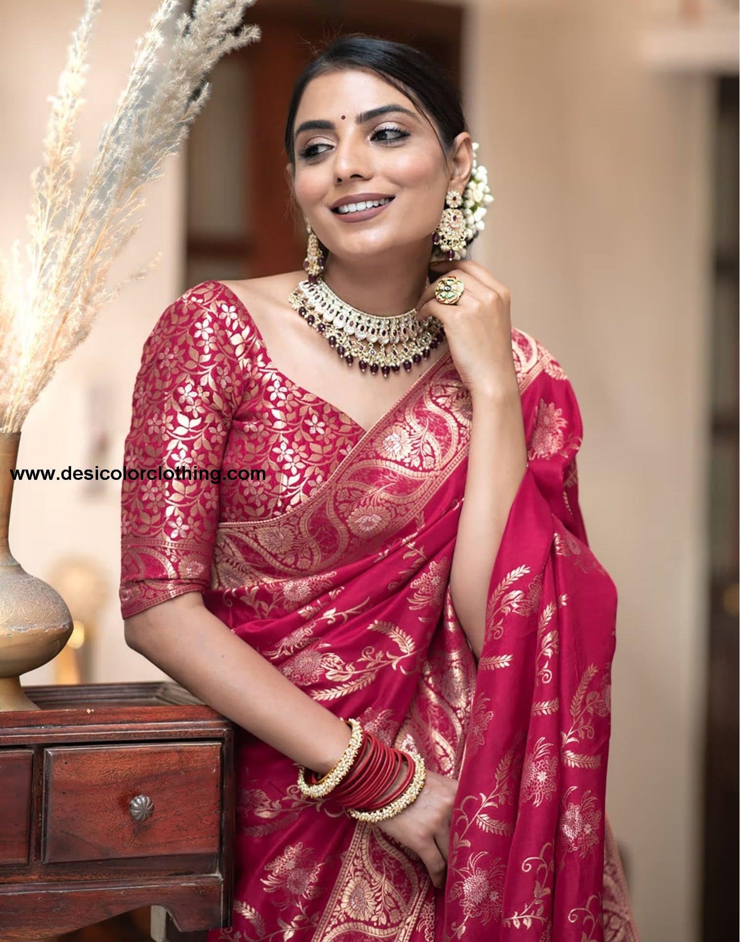 Dark Pink Silk Plain Saree