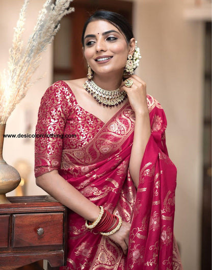 Dark Pink Silk Plain Saree