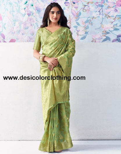 Pista Green Organza Woven Saree