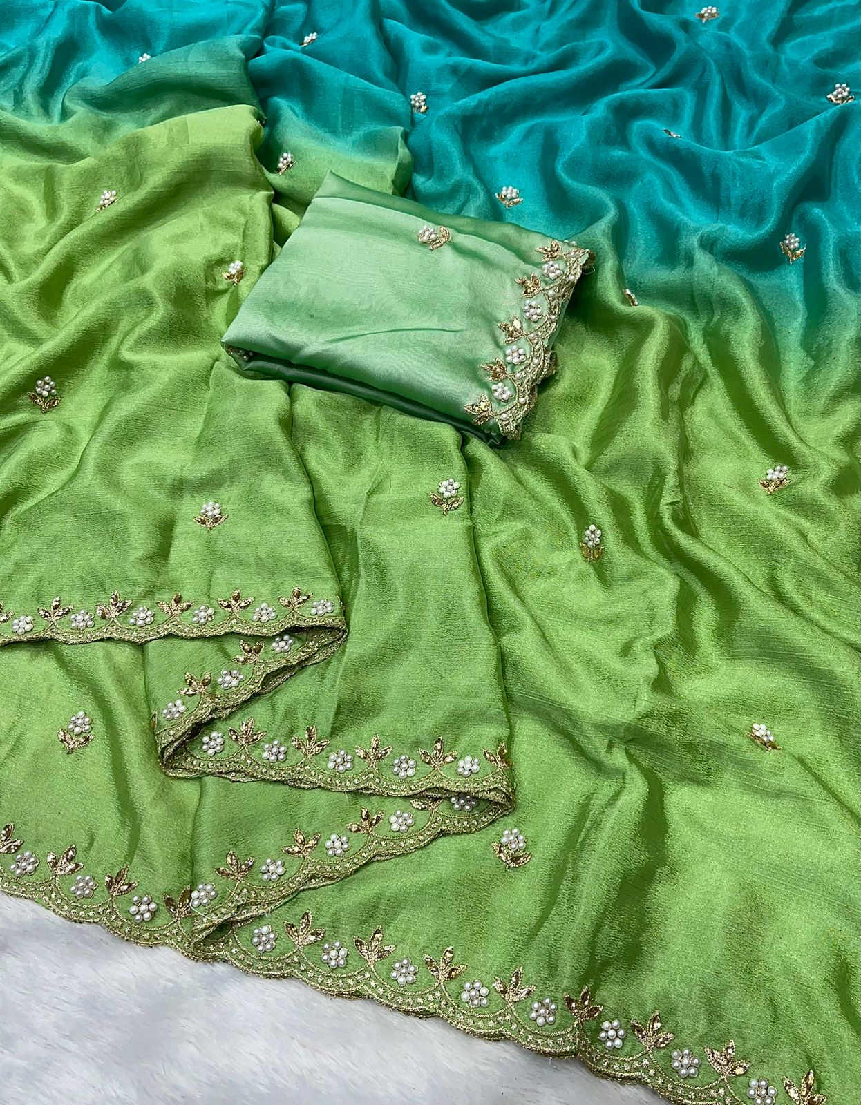 Product Image - Designer Chinnon Saree with Embroidery and Moti Work