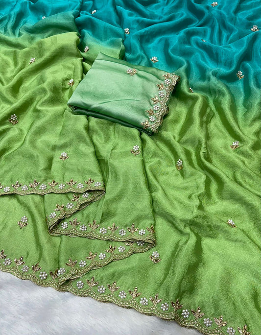 Product Image - Designer Chinnon Saree with Embroidery and Moti Work