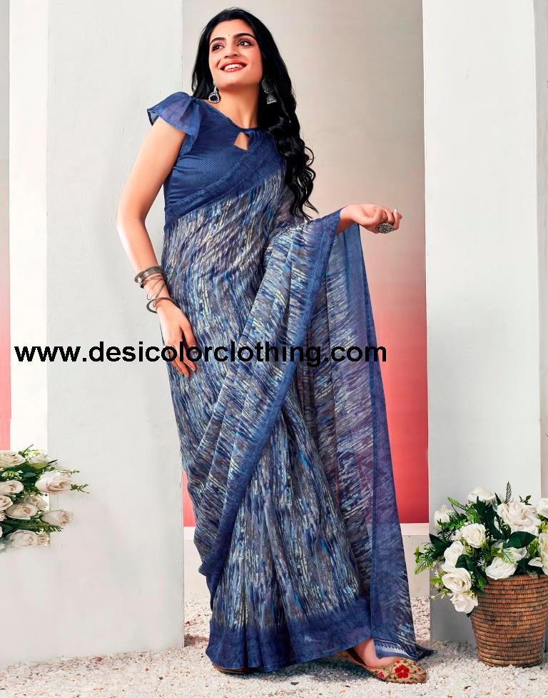 Blue. Multi Chiffon Printed  Saree