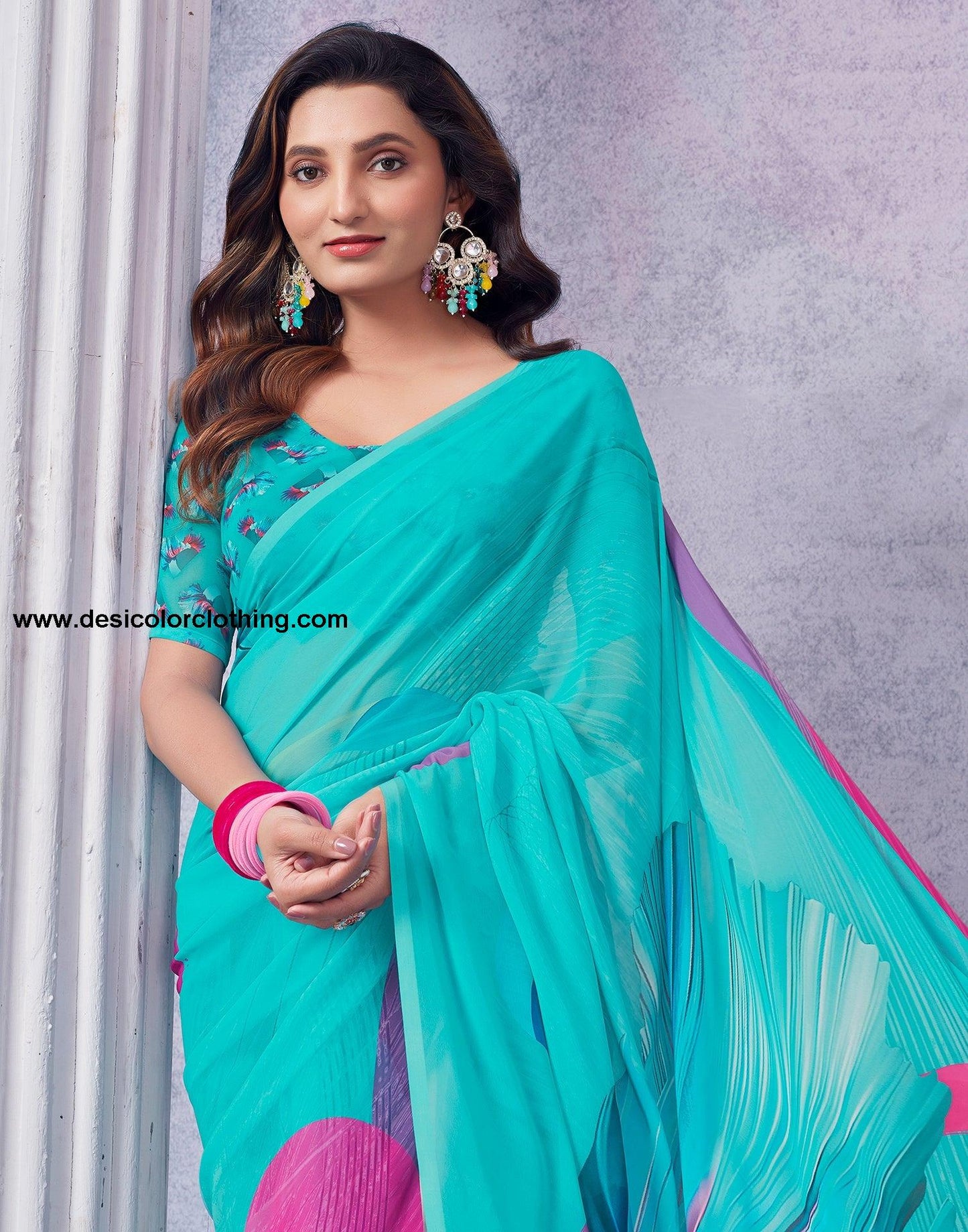 Turquoise Georgette Printed Saree