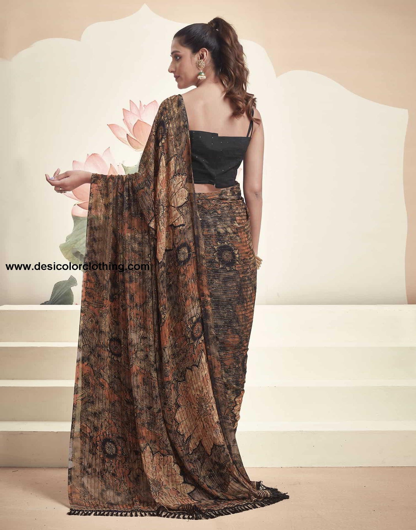Rust Georgette Printed Saree
