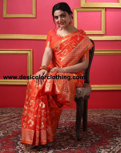 Orange Silk Plain Saree