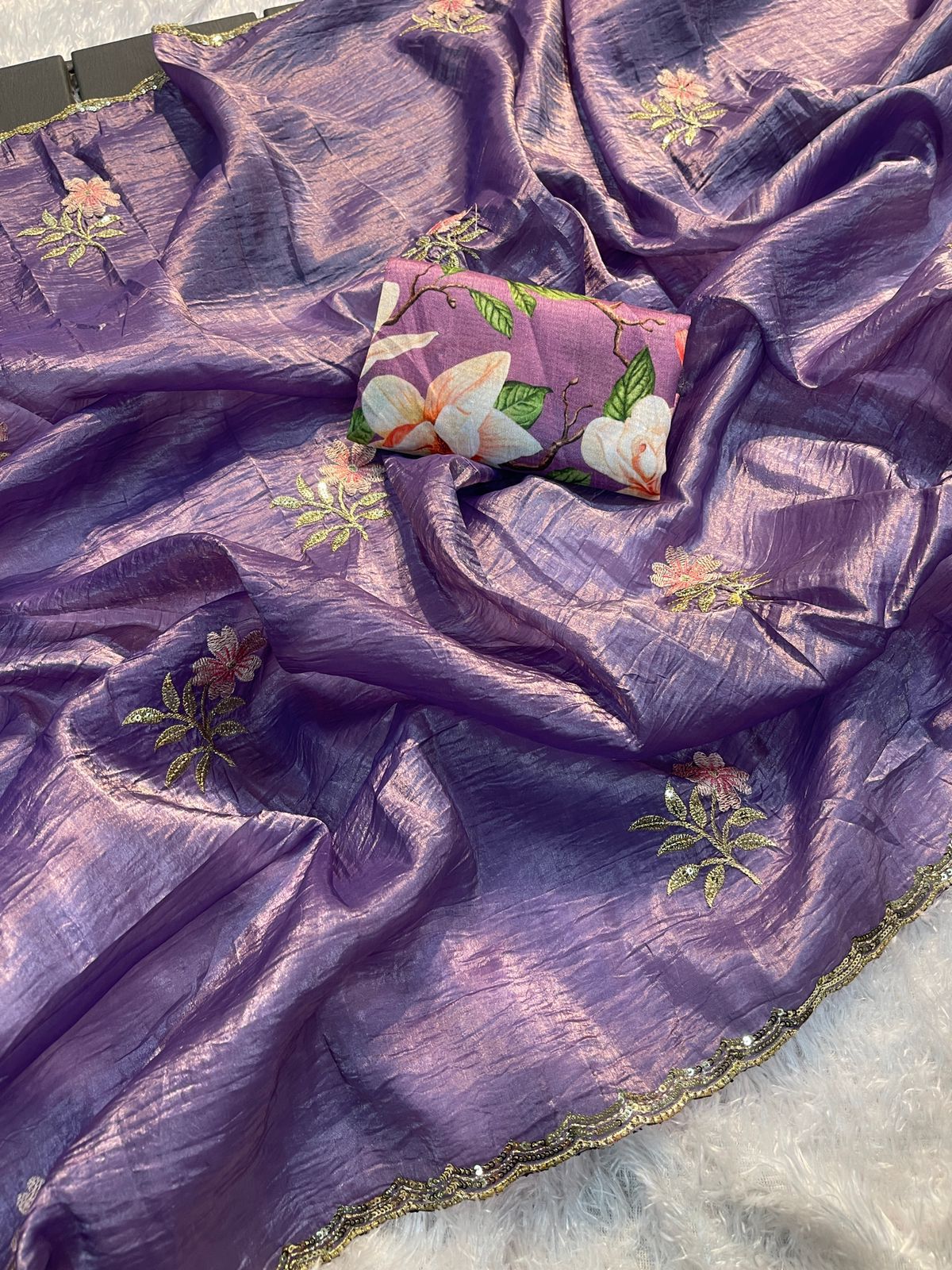 Product Image - Designer Gold Crush Tissue Saree with Multi-Embroidery for Festive Wear