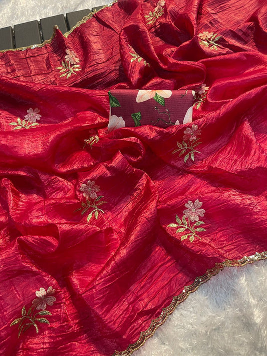 Product Image - Designer Gold Crush Tissue Saree with Multi-Embroidery for Festive Wear