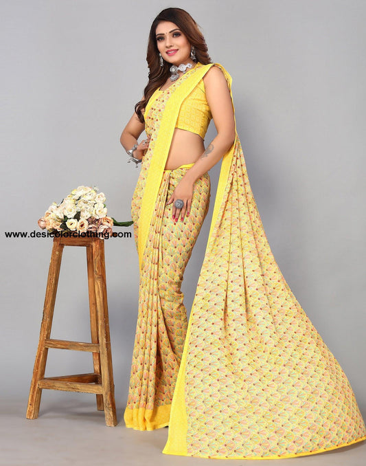 Yellow Georgette Printed Saree