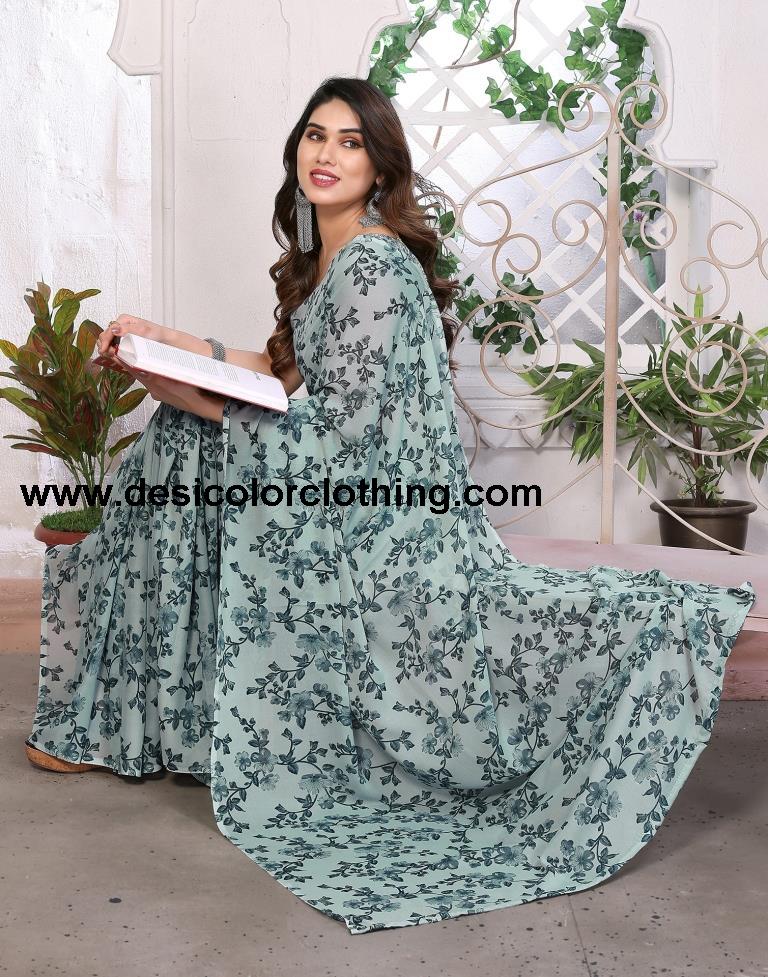 Sea Green Georgette Floral Printed Saree