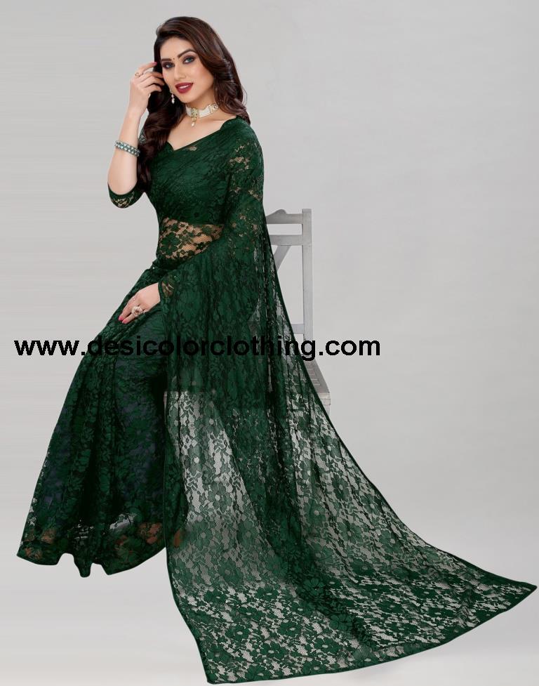 Dark Green Coloured Russel Net Partywear saree