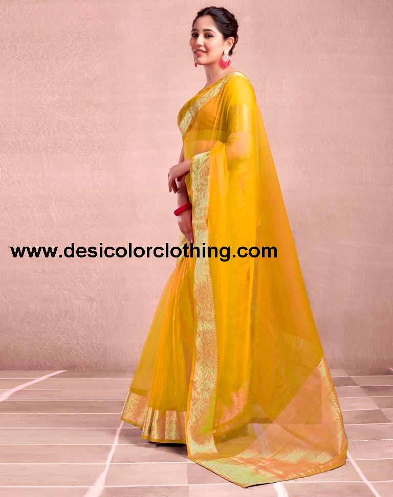Yellow Orgenza Plain Saree