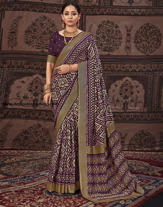 Wine Printed Silk Saree