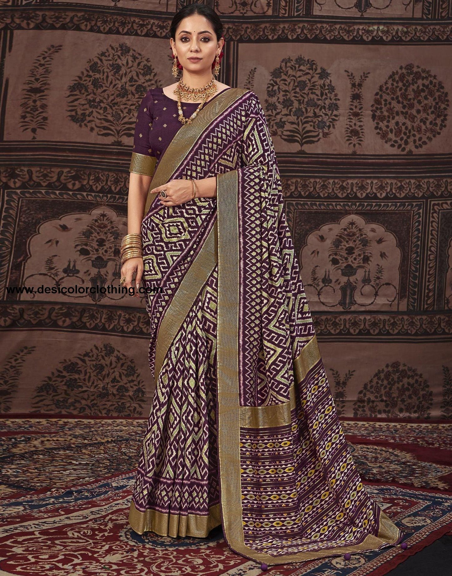 Wine Printed Silk Saree
