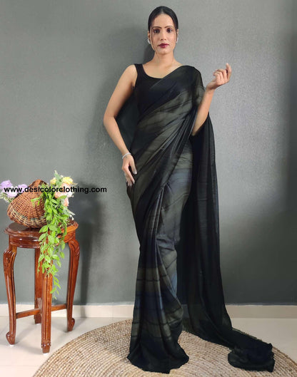 Baige Printed Georgette Pre-draped Saree