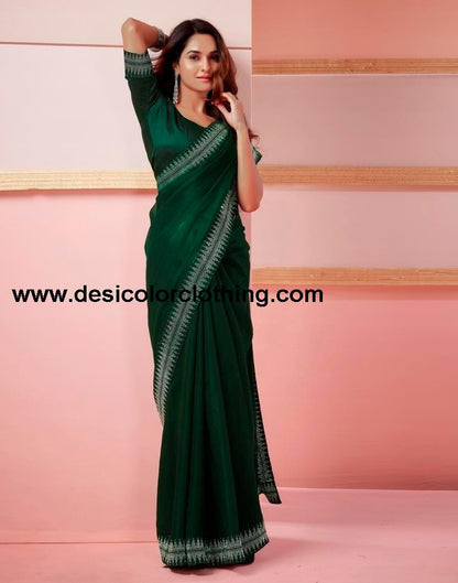 Dark Green Chiffon Plain Saree