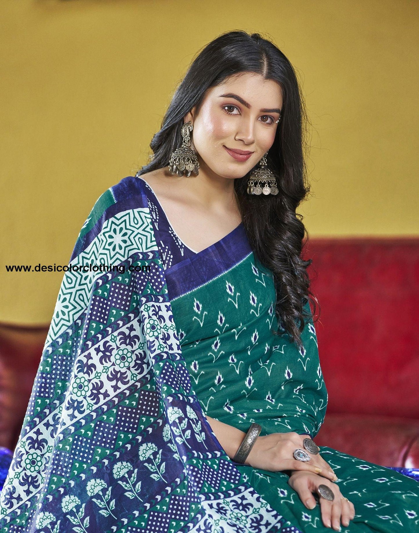 Rama Green Printed Cotton Pre-draped Saree