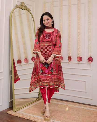 Product Image - Premium Chinnon Suit Set with Hand Embroidery and Digital Print Dupatta