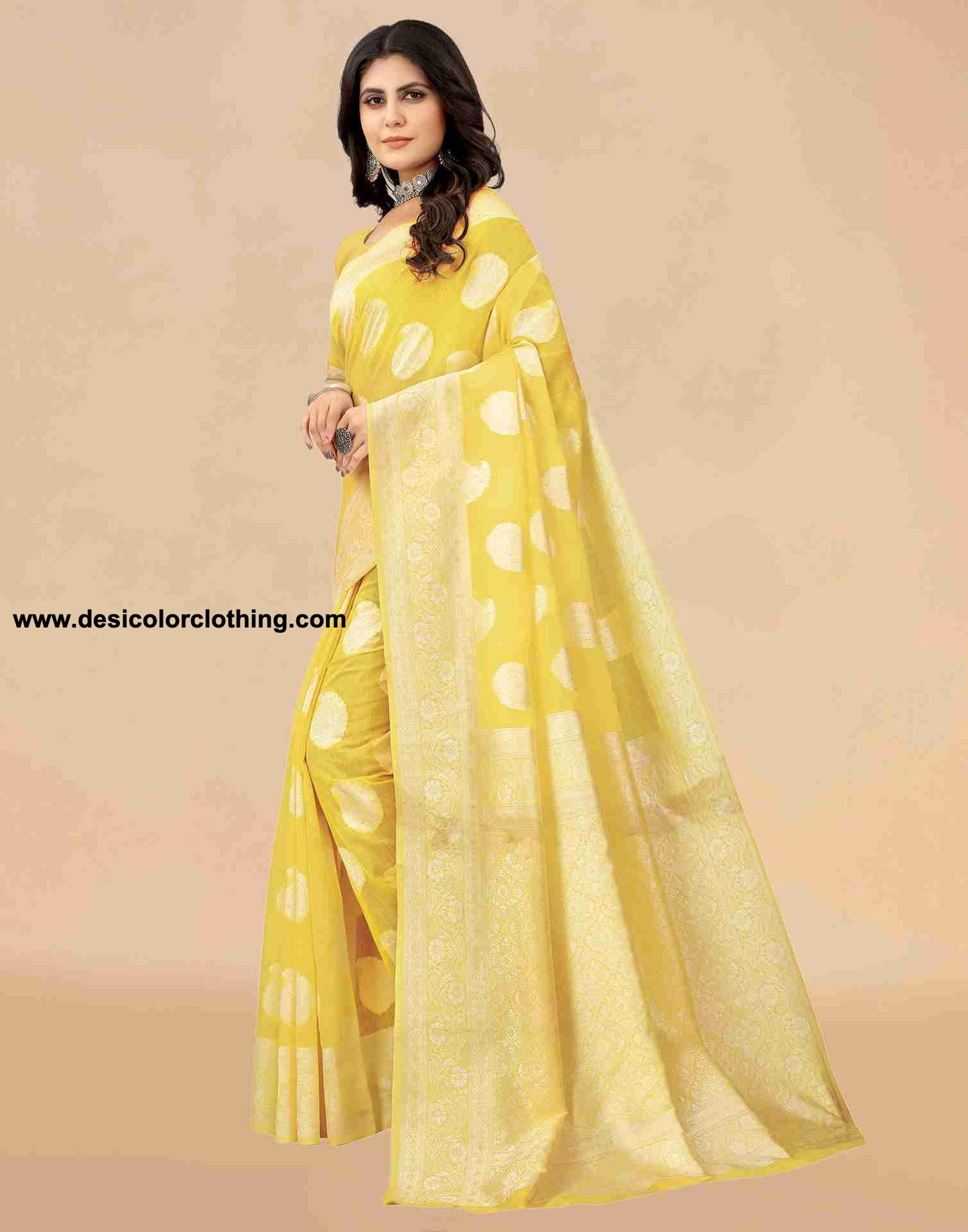 Yellow Cotton Plain Saree