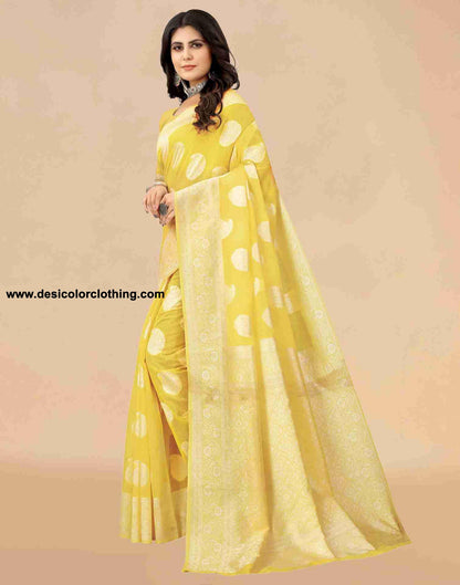 Yellow Cotton Plain Saree