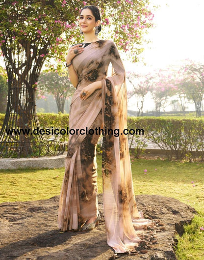 Beige Georgette Printed Saree