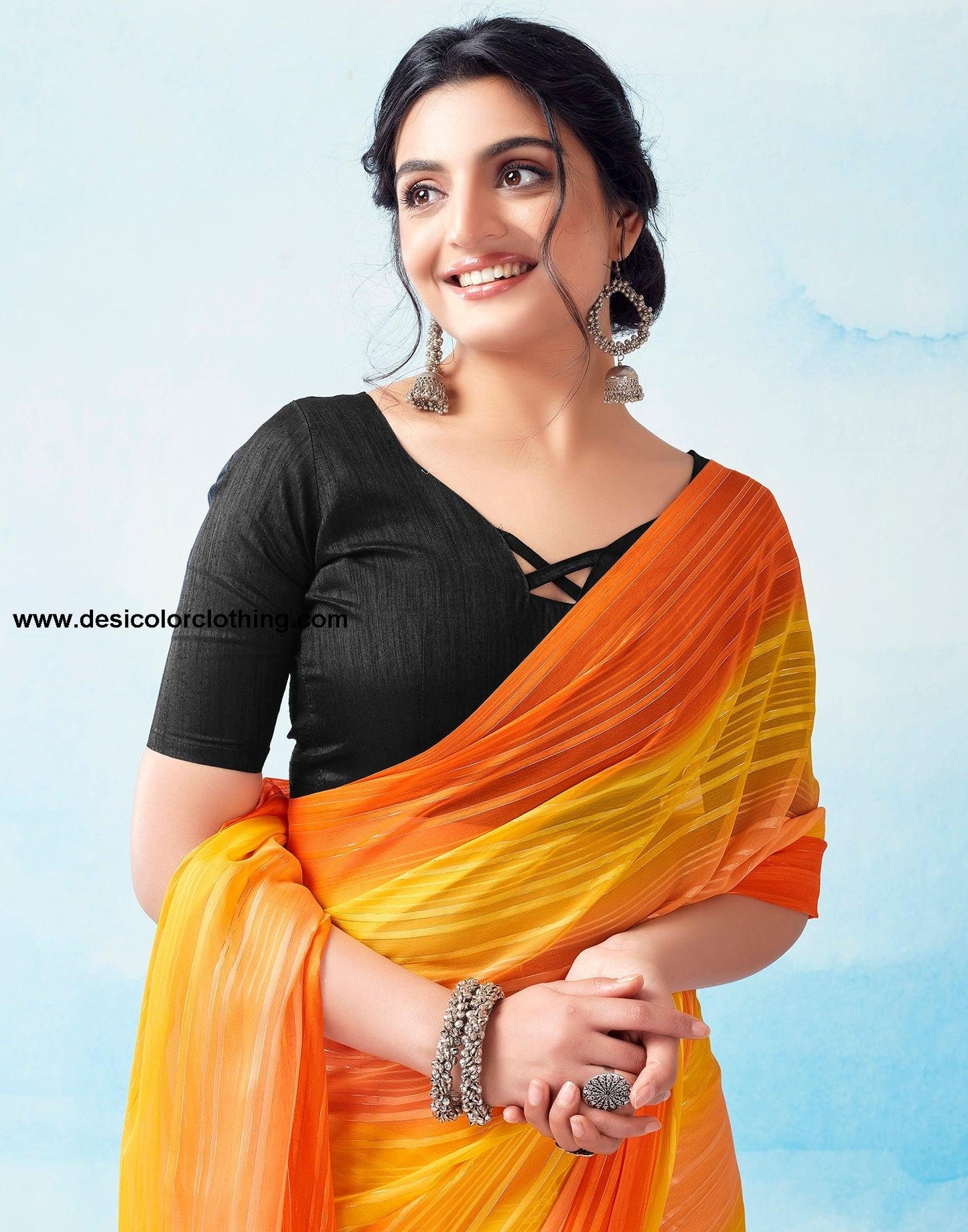 Yellow Georgette Printed Ready to Wear Saree