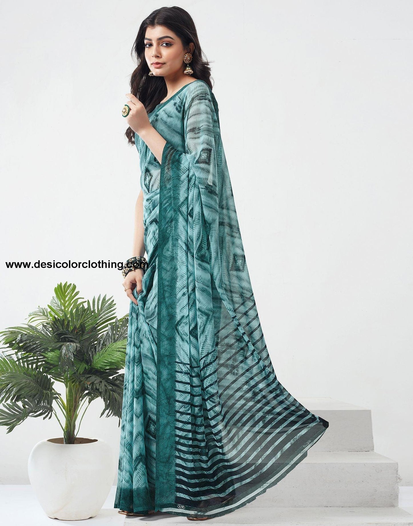 Dusty Green Printed Georgette Saree