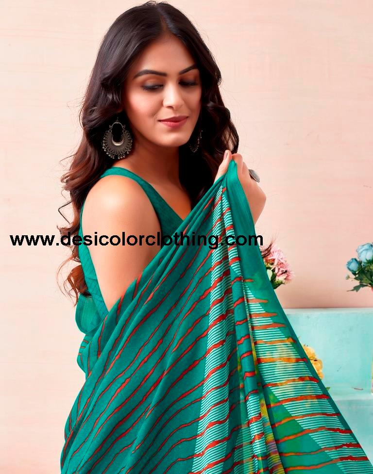 Teal Green Renial Printed  Saree