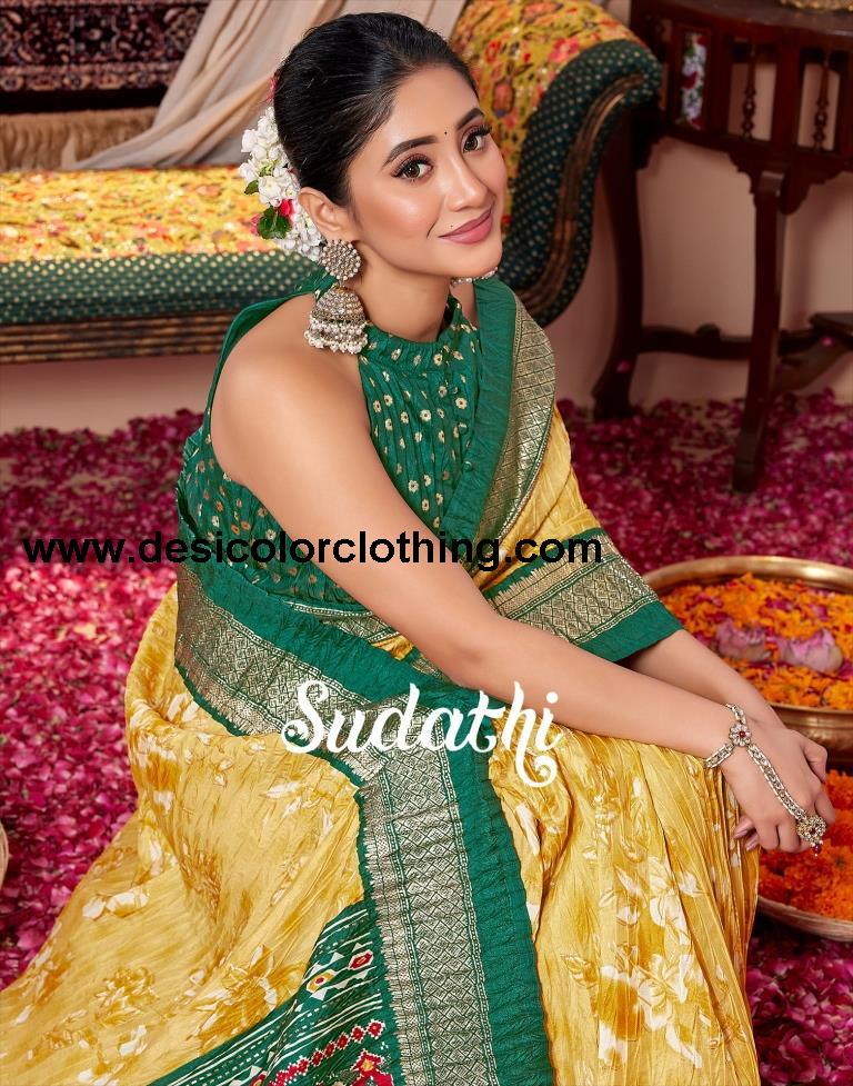 Yellow & Cream Printed Silk Saree