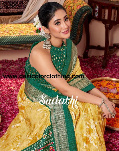 Yellow & Cream Printed Silk Saree