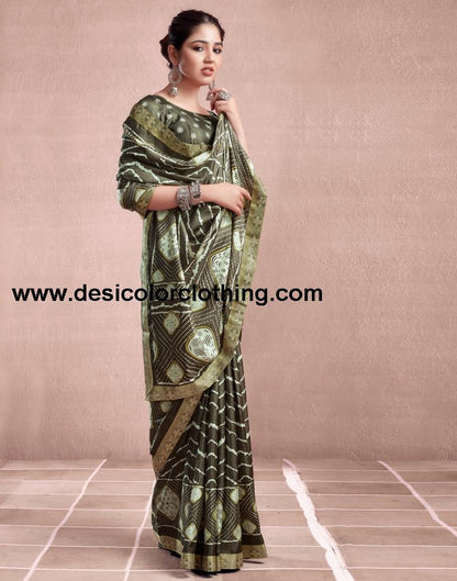 Deep Khaki Silk Printed Saree