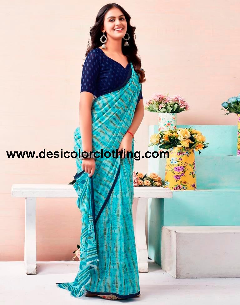 Sky Blue Renial Printed  Saree