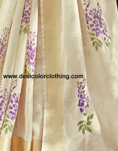 Cream Cotton Printed  Saree
