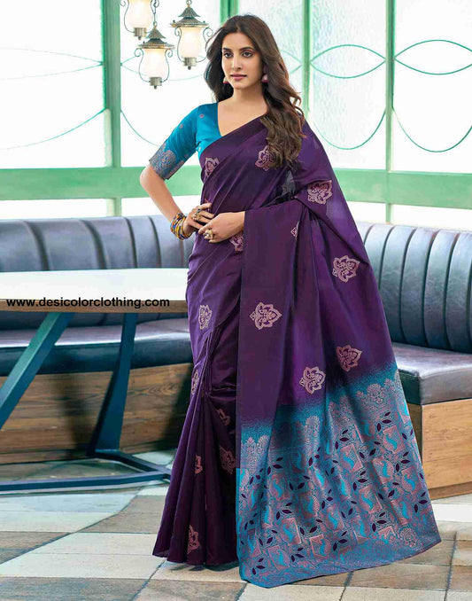 Blue And Purple Weaving Silk Saree