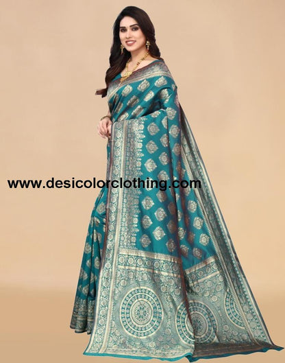 Teal Jacquard Banarasi Silk Saree