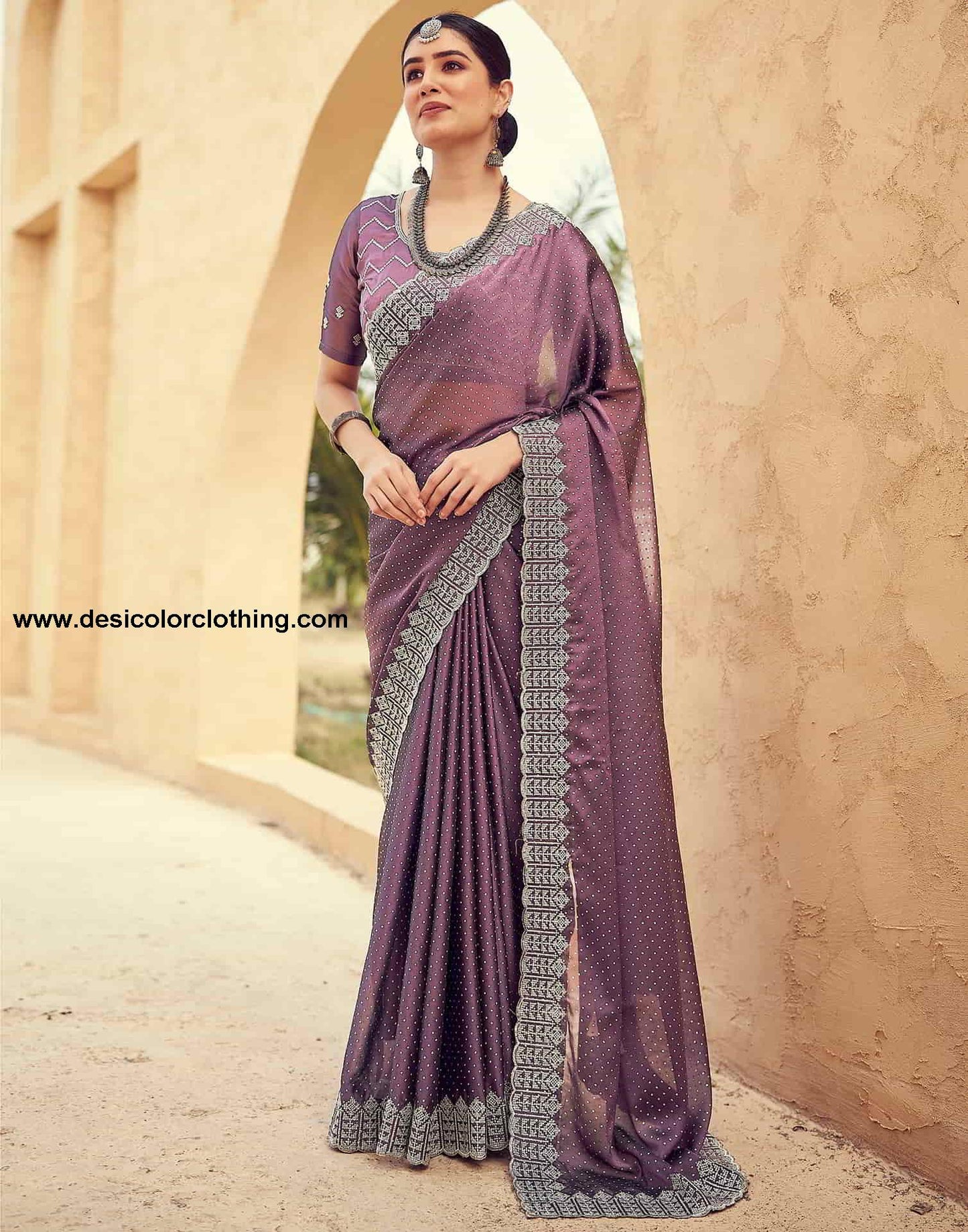 Purple Swarovski Georgette Embroidery Saree