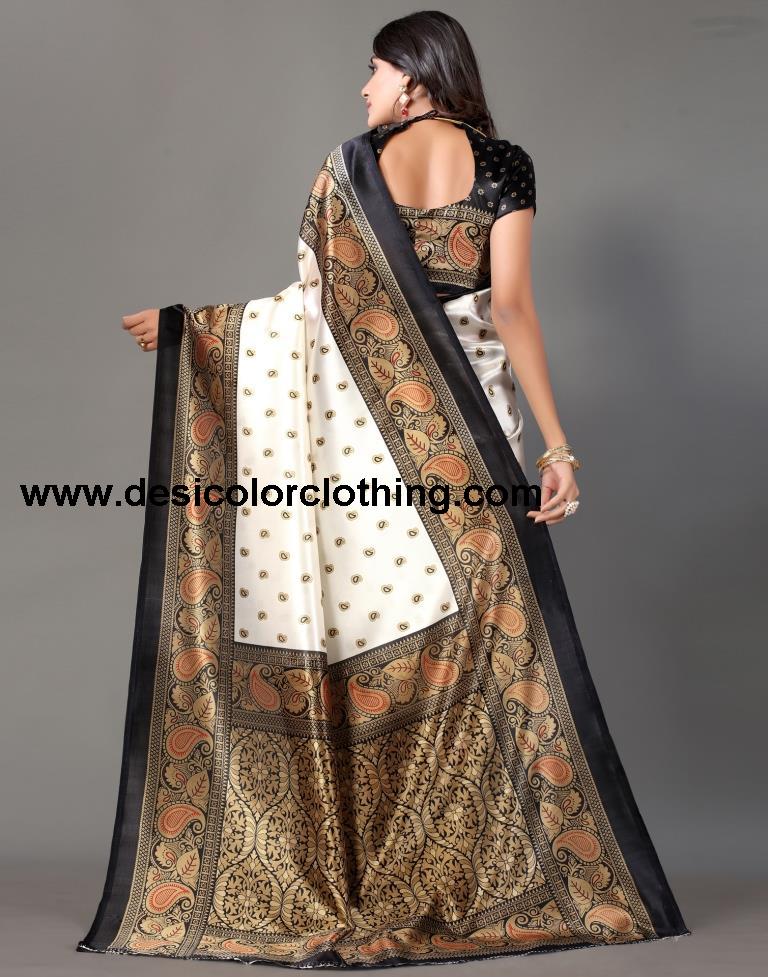 White Printed Silk Saree