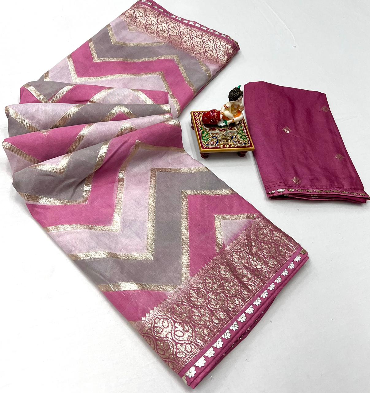 Product Image - Designer Saree with Rich Multi Zari Work & Muslin Silk Fabric