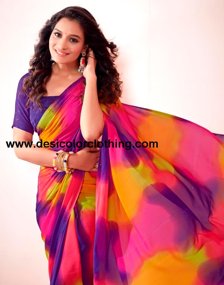 Purple Georgette Printed Saree