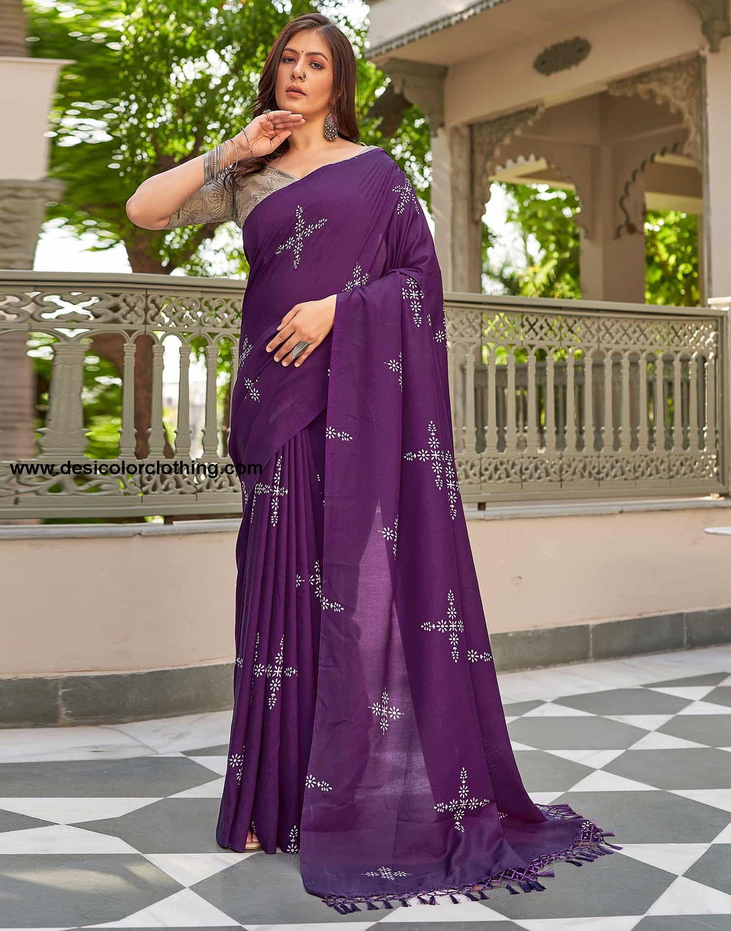 Purple Printed Cotton Saree