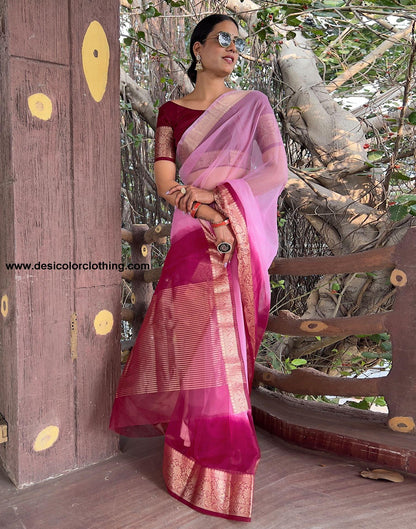 Wine Plain Organza Saree