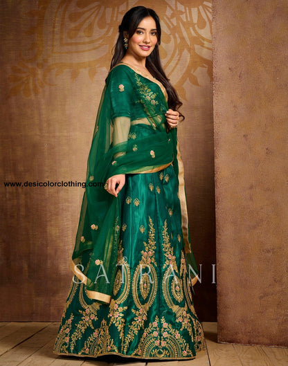 Bottle Green Coloured Poly Silk Embroidered Partywear Lehenga  | SLV125L10495