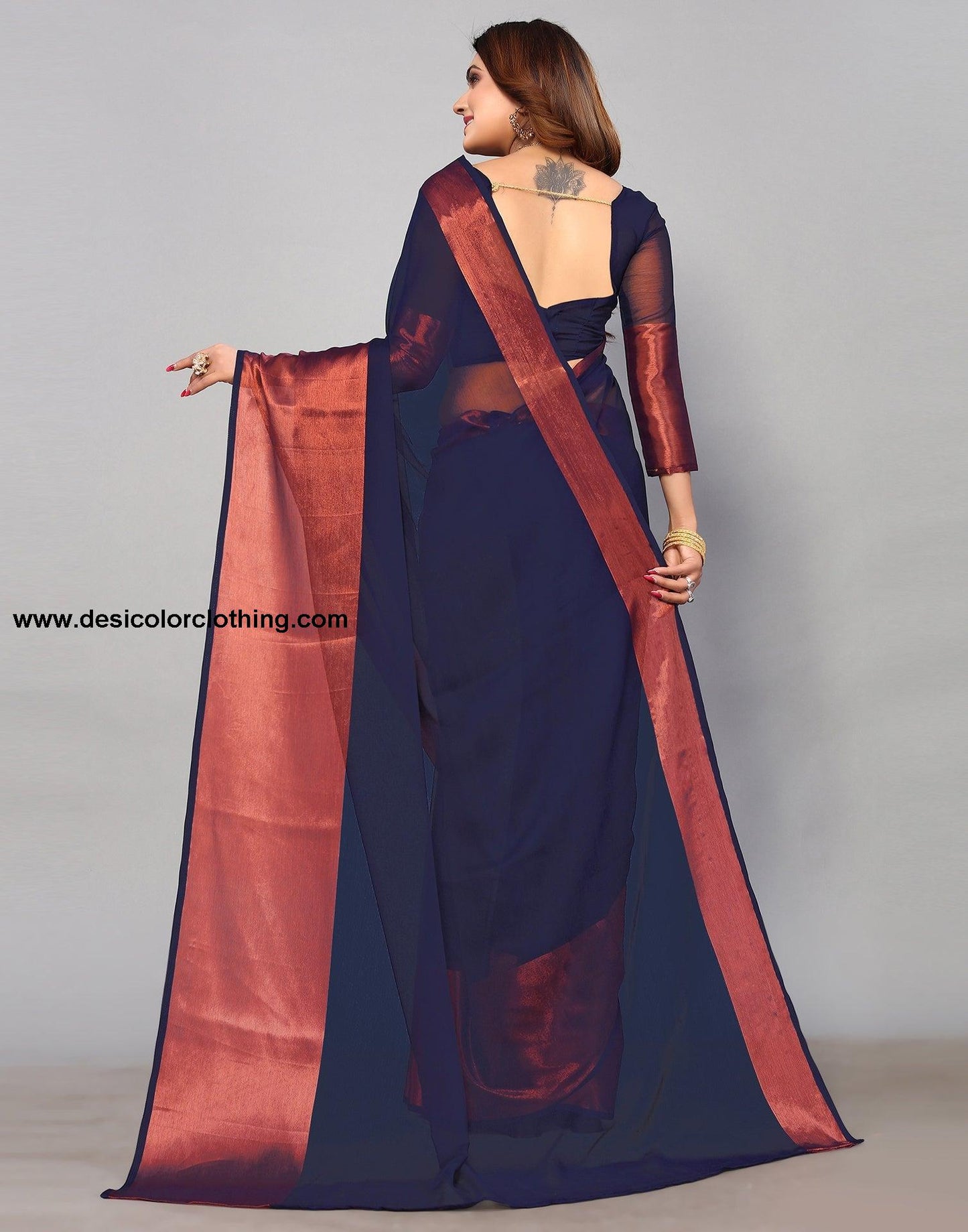Dark Blue Chiffon Plain Saree
