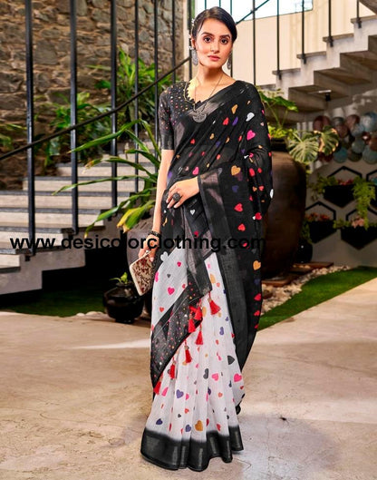 Black Linen Printed  Saree