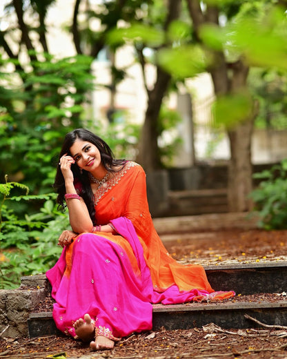 Product Image - Elegant Chinnon Saree with Heavy Embroidery and Jari Work
