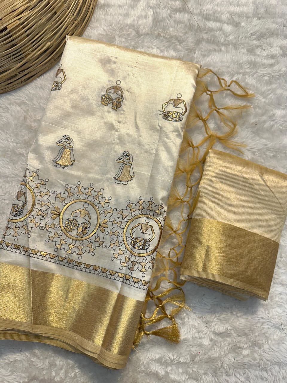 Product Image - Soft Tussar Silk Designer Saree with Kalamkari Embroidery - Festive & Wedding Wear