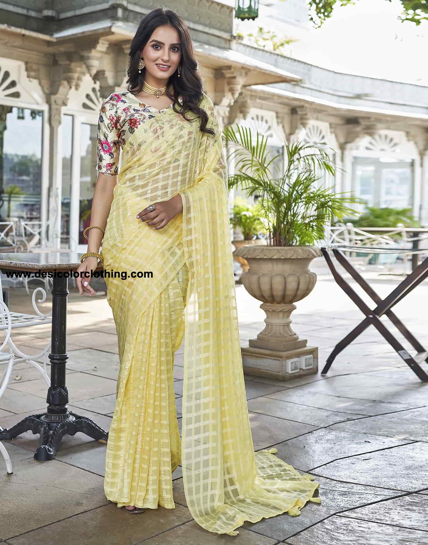 Yellow Checkered Chiffon Woven Saree
