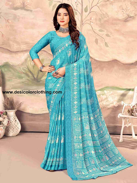Blue Chiffon Printed Saree