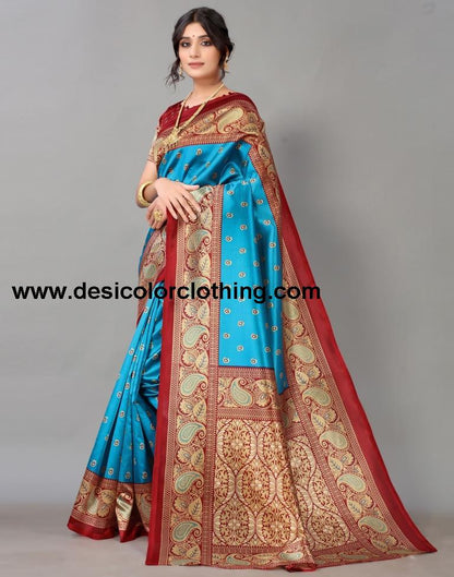 Peacock Blue Printed Silk Saree